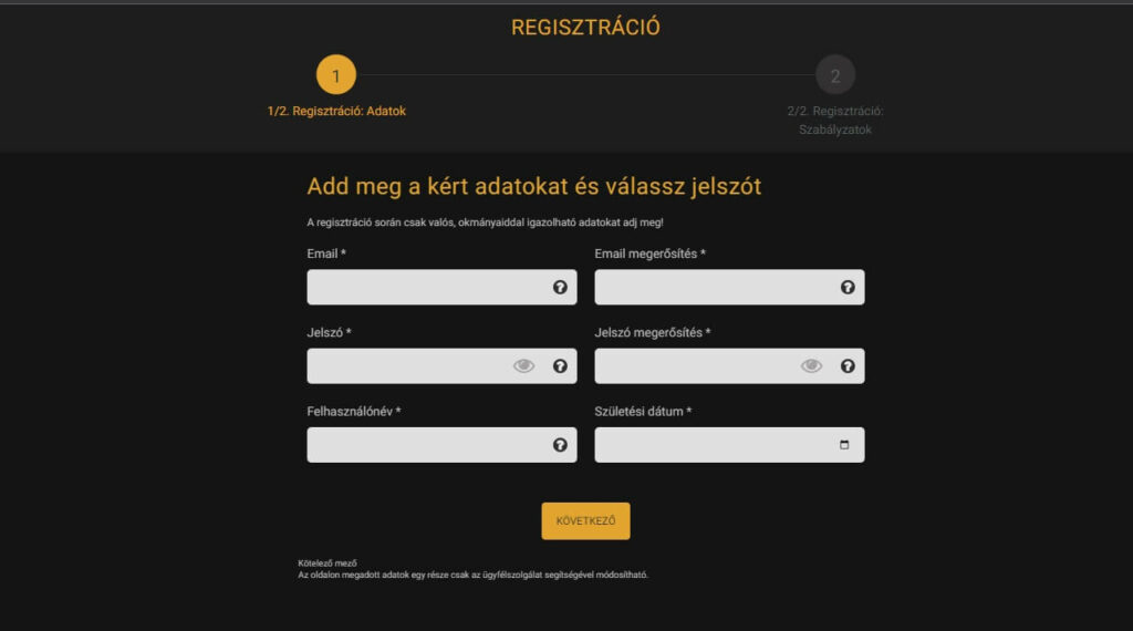 vegas.hu regisztráció - képernyőfotó a platformról